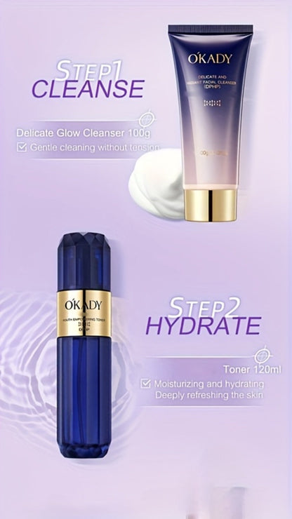 Skincare Set with OKADY Label, 8 Collagen and Hyaluronic Acid Product Items in Blue Gold Gift Box