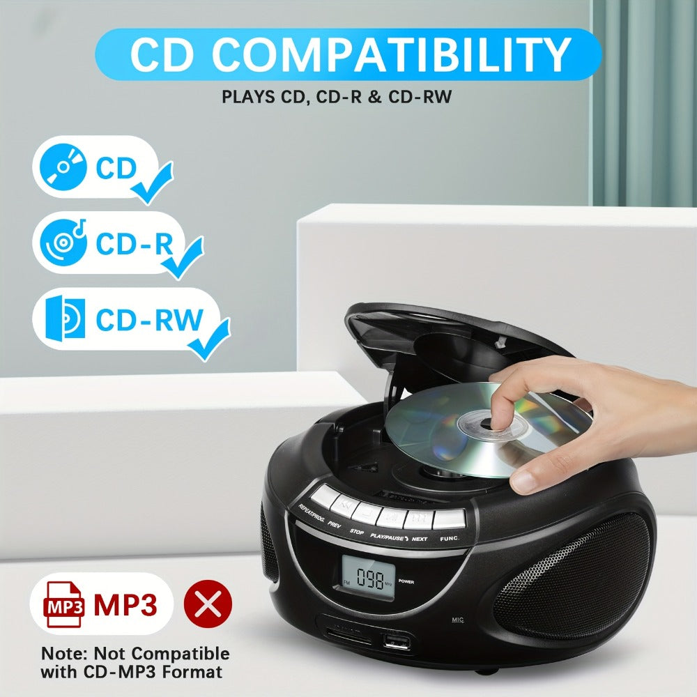 Portable CD Player Boombox with AM FM Radio Dual Stereo Speakers, Aux Input USB TF Card MP3 Player