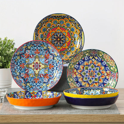 Bohemian Pasta Bowls Set of 6, 32 Oz Porcelain, Floral Pattern, Microwave &, VANCASSO for Entryways, Bedrooms and Living Spaces
