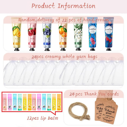 24pcs Bulk Lip Balm & Hand Cream Gift Set, Party Favors, Wedding & Thank You Gifts for Guests