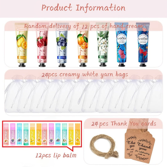 24pcs Bulk Lip Balm & Hand Cream Gift Set, Party Favors, Wedding & Thank You Gifts for Guests