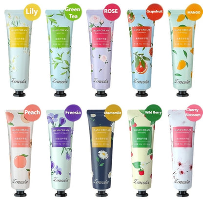Ten-Piece Hand Cream Gift Box with Botanical and Fruit-Print Travel Tubes in Coordinated Assortment