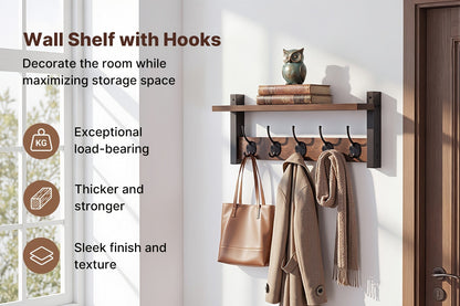 Vintage Wall-Mounted Shelf and Key Rack with Five Hooks, 17.1-Inch Width and Brown Board Finish