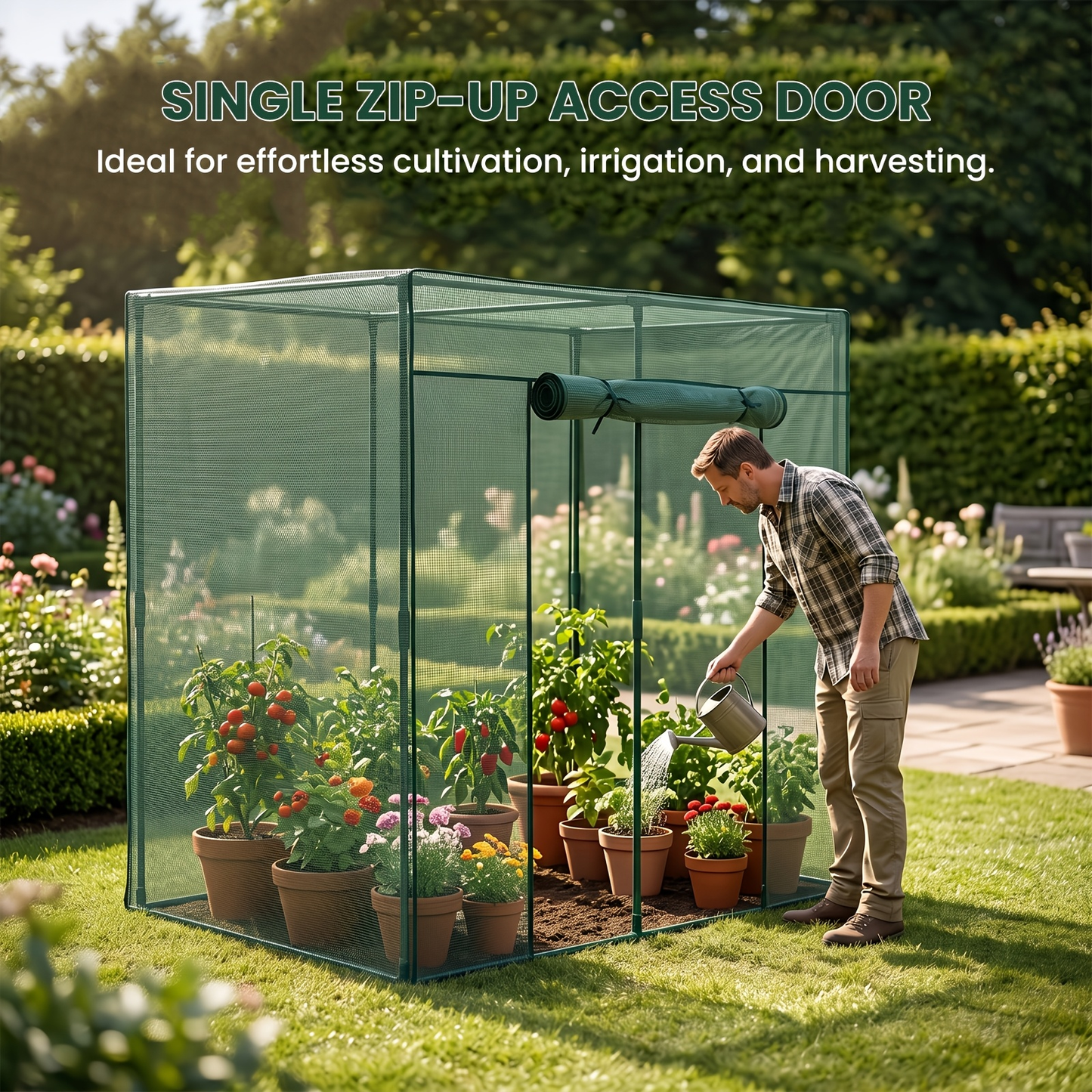 Plant Protection Tent Crop Cage with Zippered Door & Square Frame, Raised Garden Bed Cover Wind-Resistant for Outdoor Vegetables