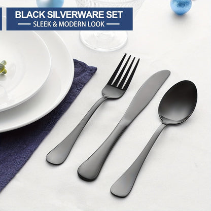 Serrated Steak Knife Dining Set with Six-Piece Place Settings, 24 or 48 Utensils in Silver or Black