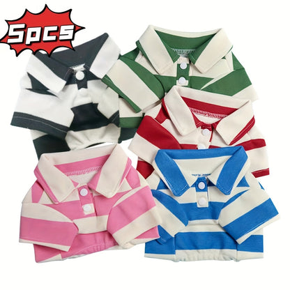 Five-Pack Striped Polo-Style Dog Shirts in Assorted Colors with Seven Size Choices from XS Through 4XL