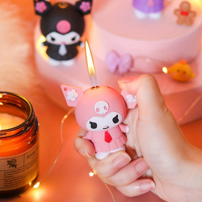 3D Kawaii Anime Figure Lighter with Chain, Cute Kuromi Sanrio Cartoon Open Flame Butane Lighter, Unique Kawaii Gift for Anime Fans