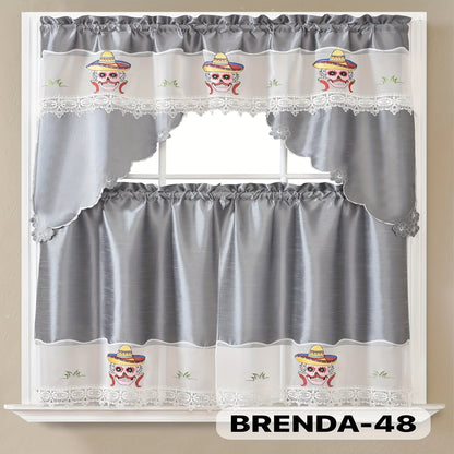 Kitchen Curtains 3 Piece Set Embroidered Satin Valance and Tiers – Rod Pocket Light Filtering Machine Washable 46 Colors