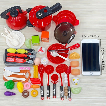 Pretend Play Kitchen Set for Kids, 51PCS Toy Cooking Utensils, Tableware & Play Food for Home Cooking, Dining and Outdoor Meals