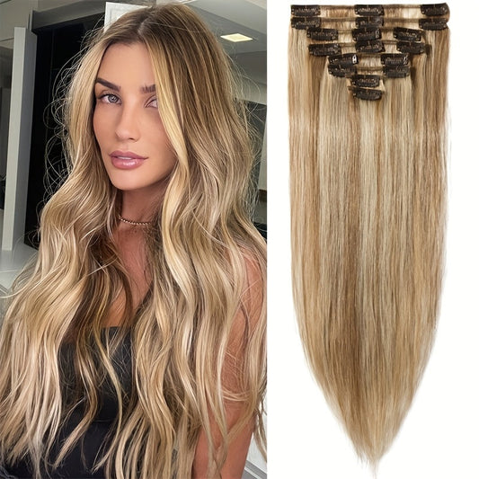 Hair Extensions Straight Remy Human Hair Clip-In Set with Eight Wefts, Highlighted Blonde Colors and 8–24-Inch Lengths