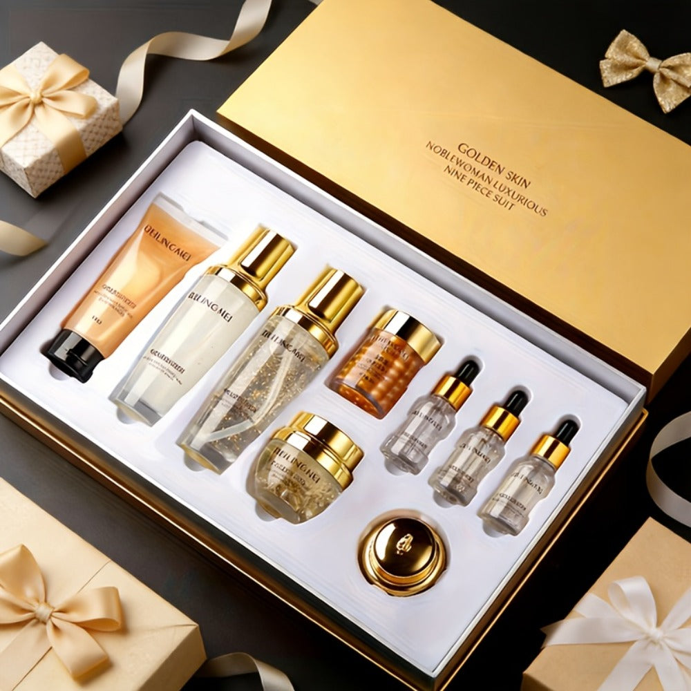 Skincare Gift Set for Women 9pcs Golden Luxury Kit, Niacinamide Collagen Hyaluronic Acid Daily Facial Care Premium Birthday Holiday Gift