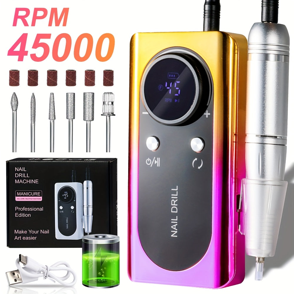 Electric Nail Drill 45000 RPM Rechargeable Kit with LCD Display and White or Golden Color Options