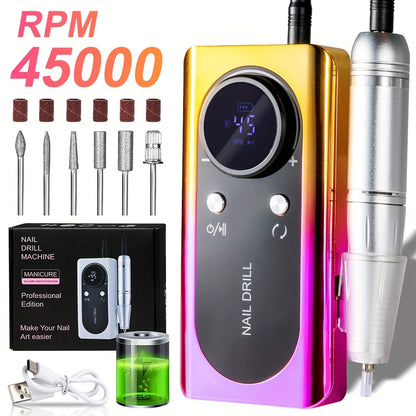 Electric Nail Drill 45000 RPM Rechargeable Kit with LCD Display and White or Golden Color Options
