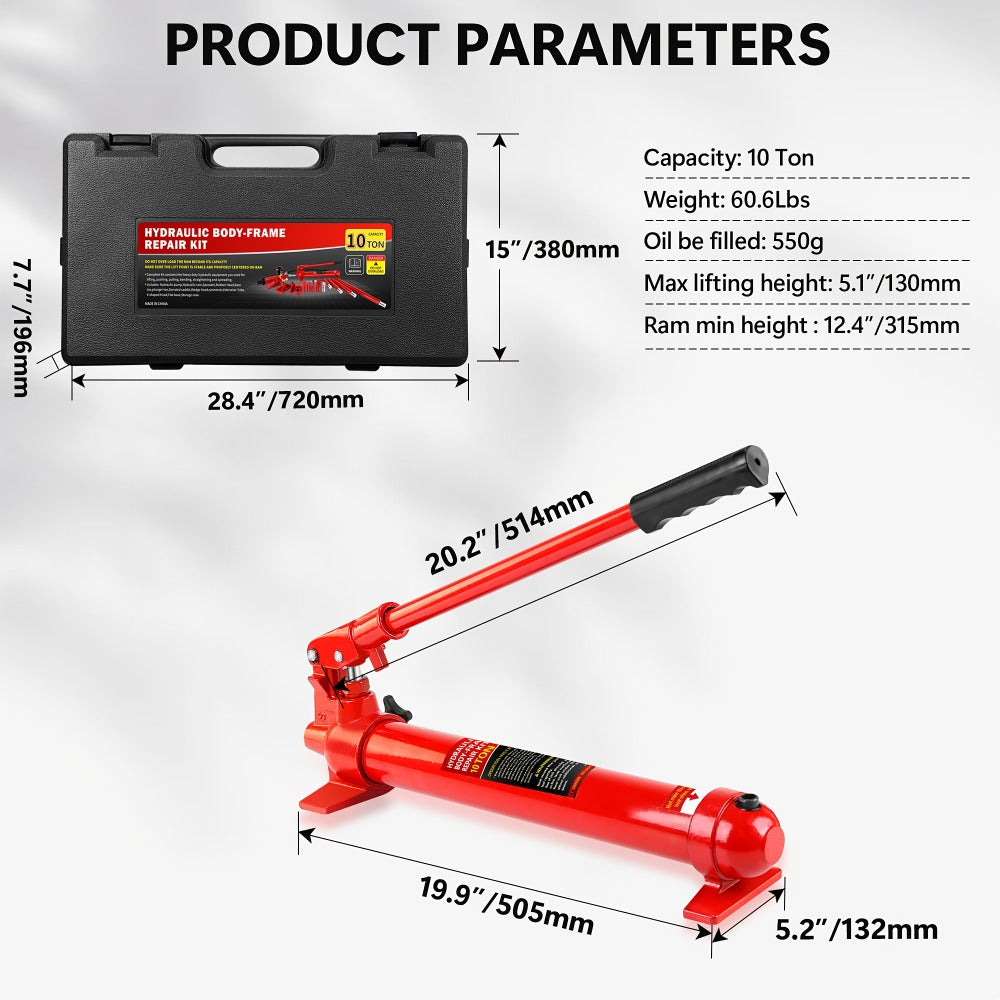 Porta Power Hydraulic Jack Kit 4 / 10 / 20 Ton, High Carbon Steel Body Repair Ram Set for Pulling Pushing Lifting Bending Straightening