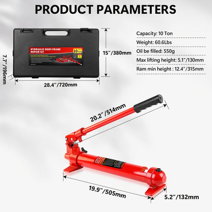 Porta Power Hydraulic Jack Kit 4 / 10 / 20 Ton, High Carbon Steel Body Repair Ram Set for Pulling Pushing Lifting Bending Straightening
