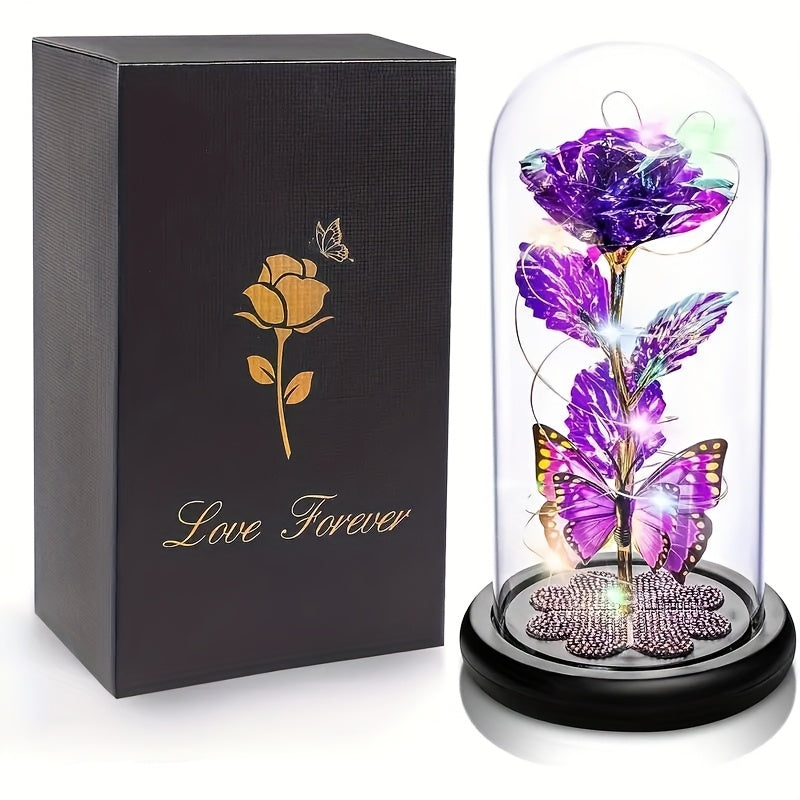 Glass Rose Crystal Flower in Glass Dome with LED Glow - Eternal Galaxy Rose Gift for Women, Mom, Wife