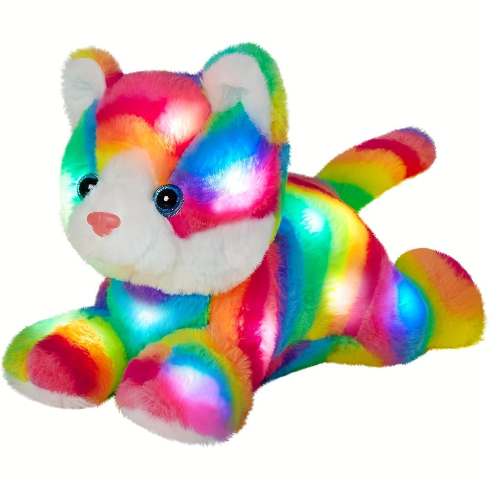 Plush Toy Rainbow Cat with LED Glow and Optional Music for Colorful Kawaii Room Display and Gifting