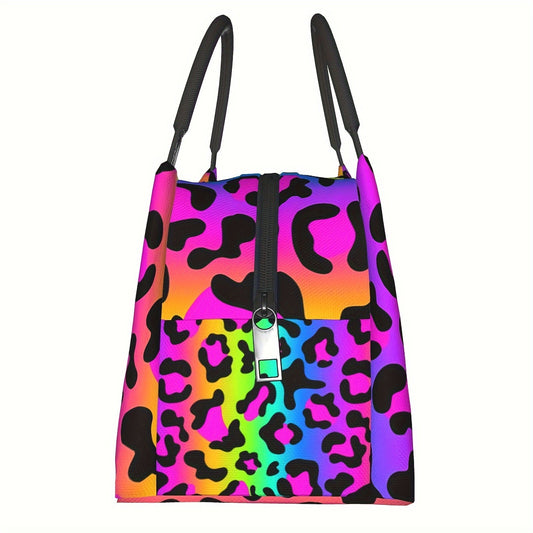 Multicolor Leopard-Print Lunch Tote with Black Handles in an 11 x 6.5 x 7-Inch Checkout Pictured