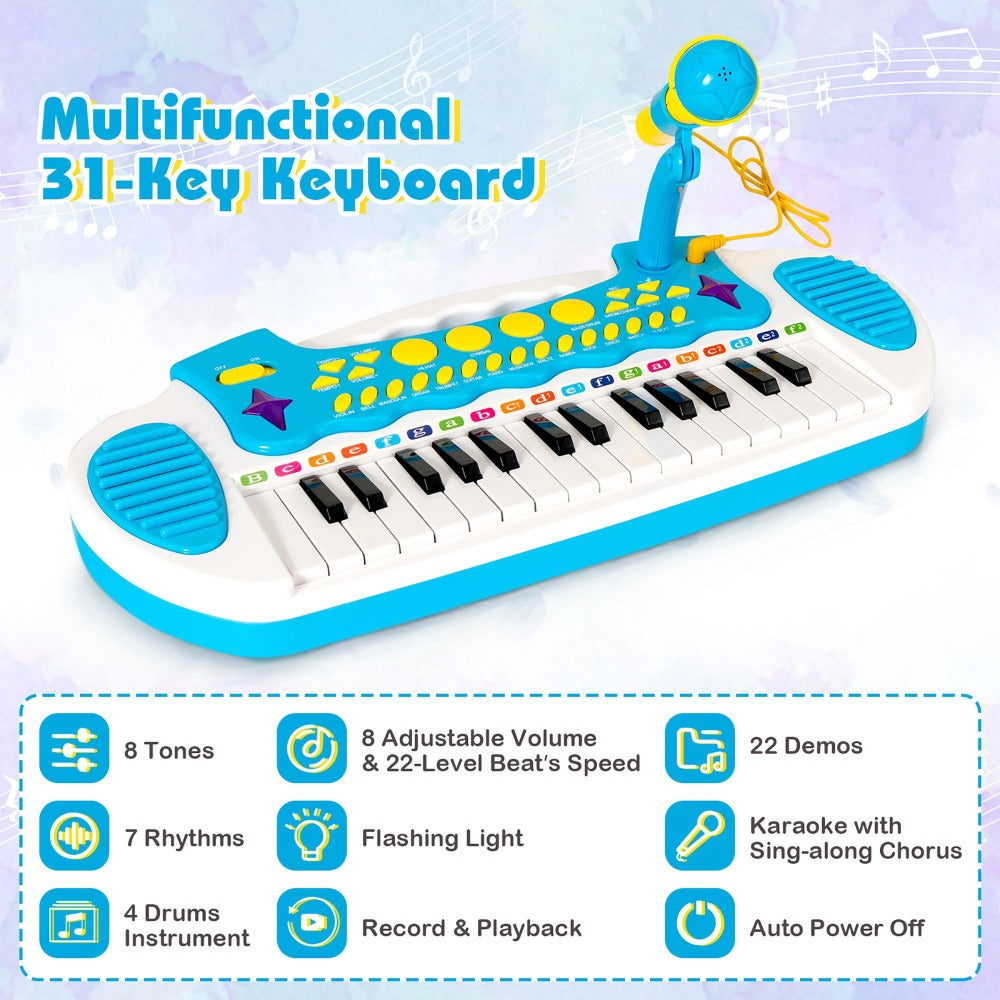 Kids Piano Keyboard 31-Key with Microphone & Stool, 22 Demos 8 Tones 7 Rhythms Flashing Lights