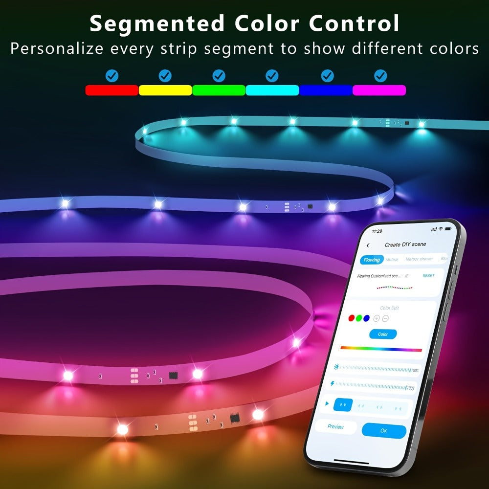 RGB LED Light Strip 50ft 100ft 130ft 16 Million Colors Music Sync, App & 24-Key Remote Control, Color Changing LED Strips for Bedroom