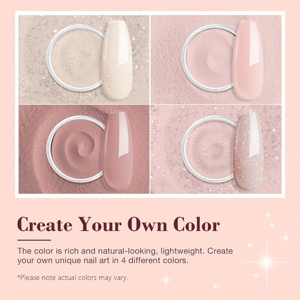 Dip Powder Nail Kit with NOCIS Label, Four Nude Blush Shimmer Powders, Three 10ml Liquids and Four Tools