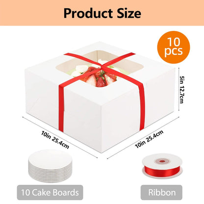 Ten White Cake Box Sets with Clear Windows, Red Ribbon, Round Boards and 10 x 10 x 5-Inch Size
