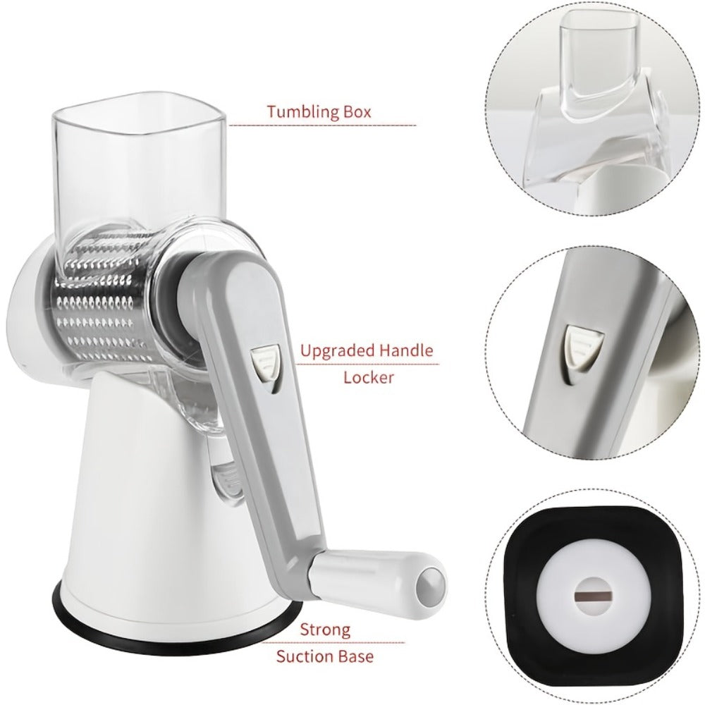 Rotary Cheese Grater with Hand Crank, 3 Interchangeable Blades for Cheese, Vegetables & Nuts, Suction Base