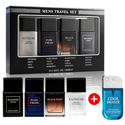 Perfume Gift Set for Men with Four 30ml Eau de Parfum Sprays in Black Box and Separate 1.5oz Body Mist