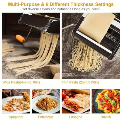 Pasta Machine with 8 Adjustable Thickness Settings, 2-in-1 Stainless Steel Manual Pasta Maker with Roller & Cutter