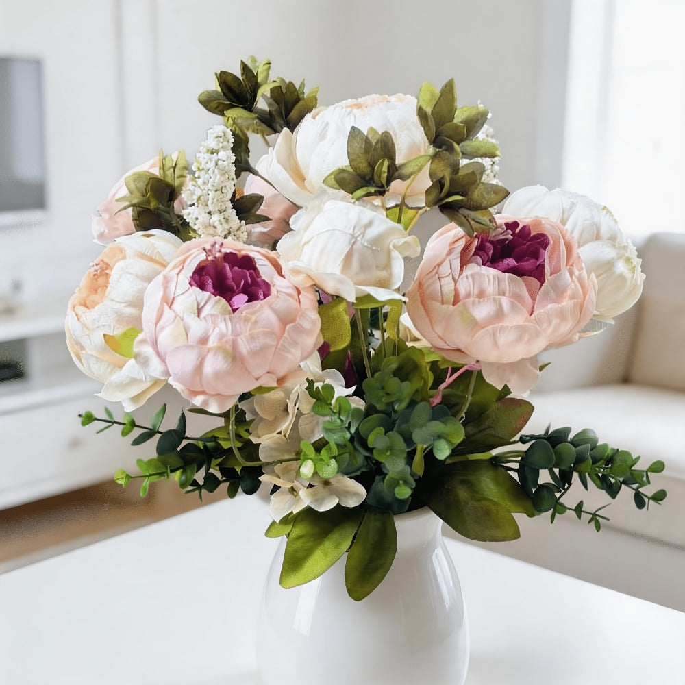 Faux Peonies Hydrangeas Artificial Flowers Vintage Silk Bouquet – Pink Green Mix Floral Centerpiece for Bridal Wedding Home Table Decor