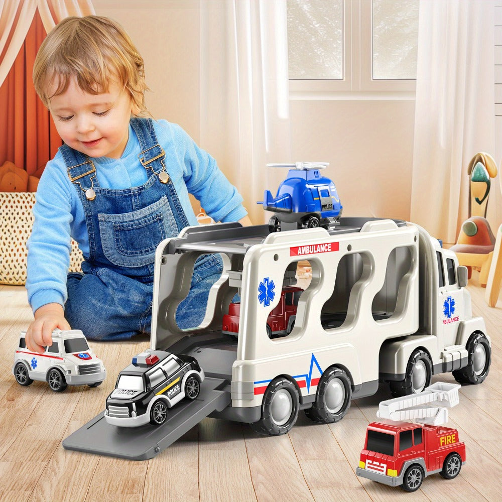 Ambulance Truck Toy 5-in-1 Carrier Set with Lights & Sounds, Friction Power Emergency Vehicle Playset for Kids Boys Ages 3+
