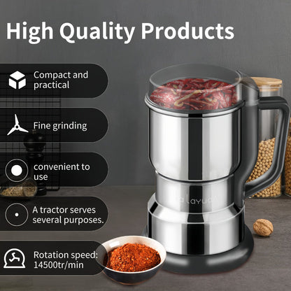 Coffee Bean Grinder 300W 8-Blade Stainless Steel 400g 14oz Large Up to 36 Cups 10-Second for Entryways, Bedrooms and Living Spaces