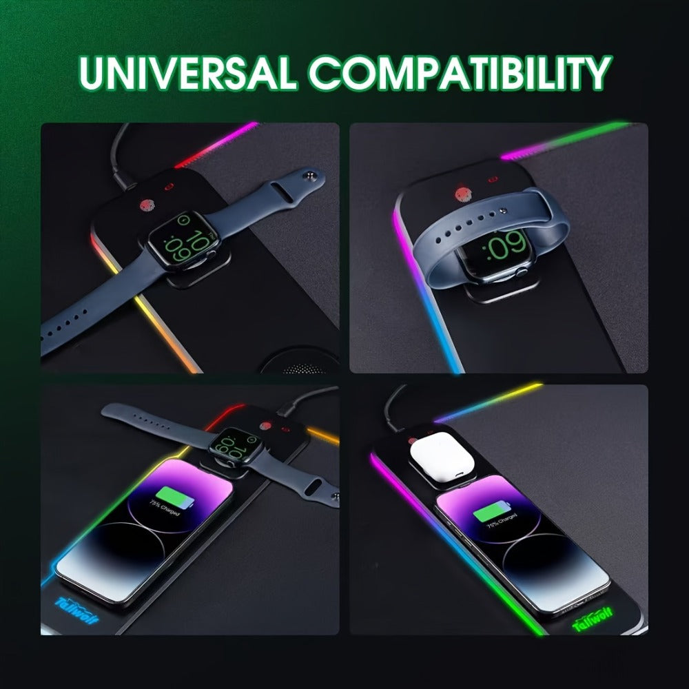 3-in-1 Wireless Charging Mouse Pad RGB, 15W Qi Charger for Phone, Watch & Mouse, 10 LED Modes, Magnetic Rechargeable Mouse Included