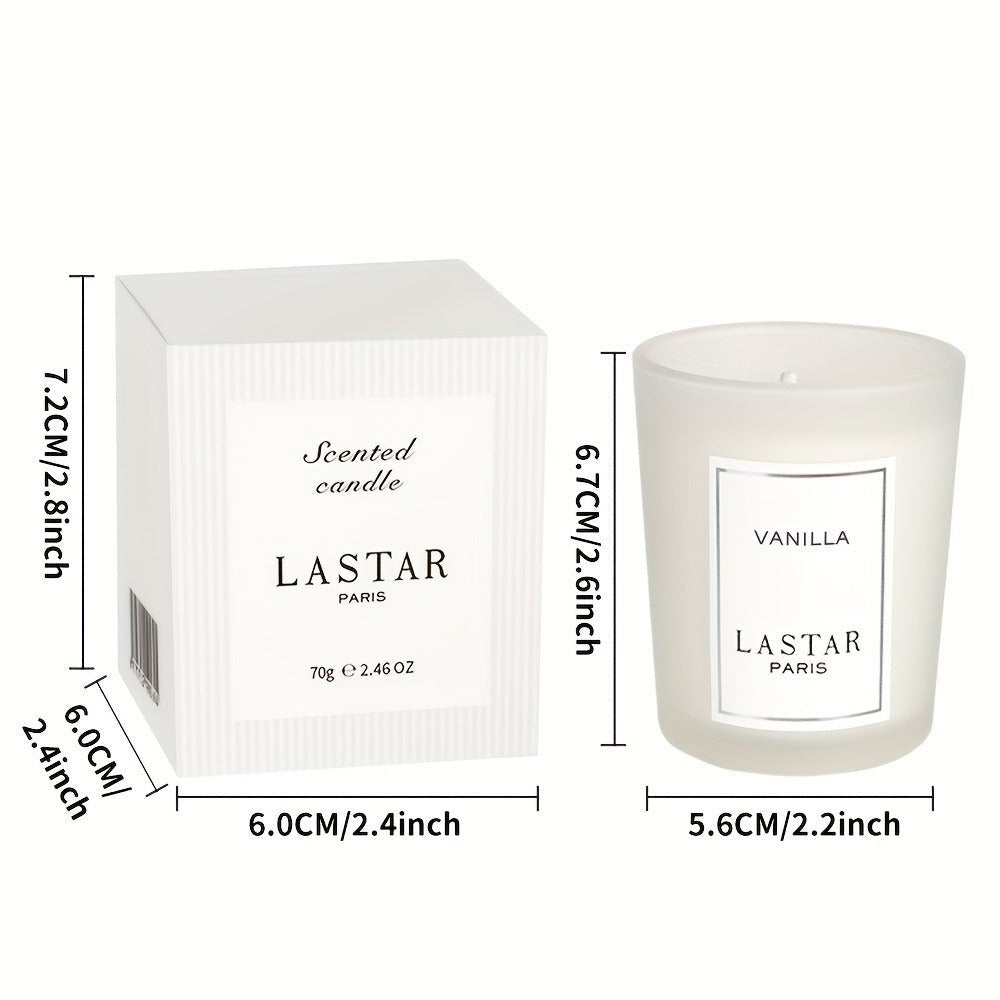 LASTAR Vanilla Scented Candle, 70g Frosted Round Glass Jar with 2.4 oz Marking and Pictured Carton