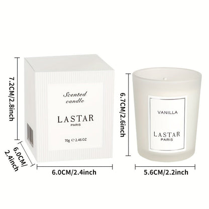 LASTAR Vanilla Scented Candle, 70g Frosted Round Glass Jar with 2.4 oz Marking and Pictured Carton