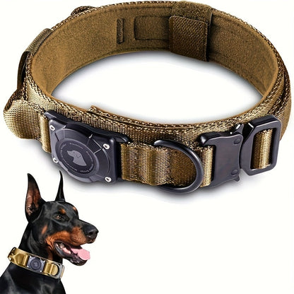 Tactical Dog Collar with Handle and Round Tracker Holder Case in Nine Colors and Sizes M to XL