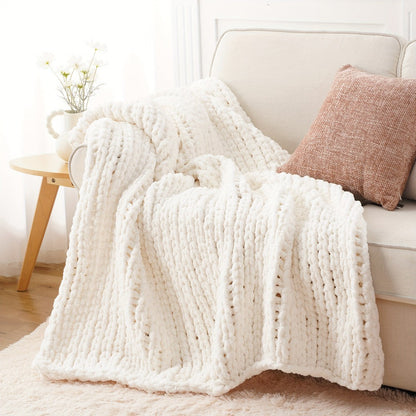 Chunky Chenille Cable Knit Throw Blanket, 350-400gsm Crochet Throw for Sofa, Bed & Couch, Vintage Patchwork