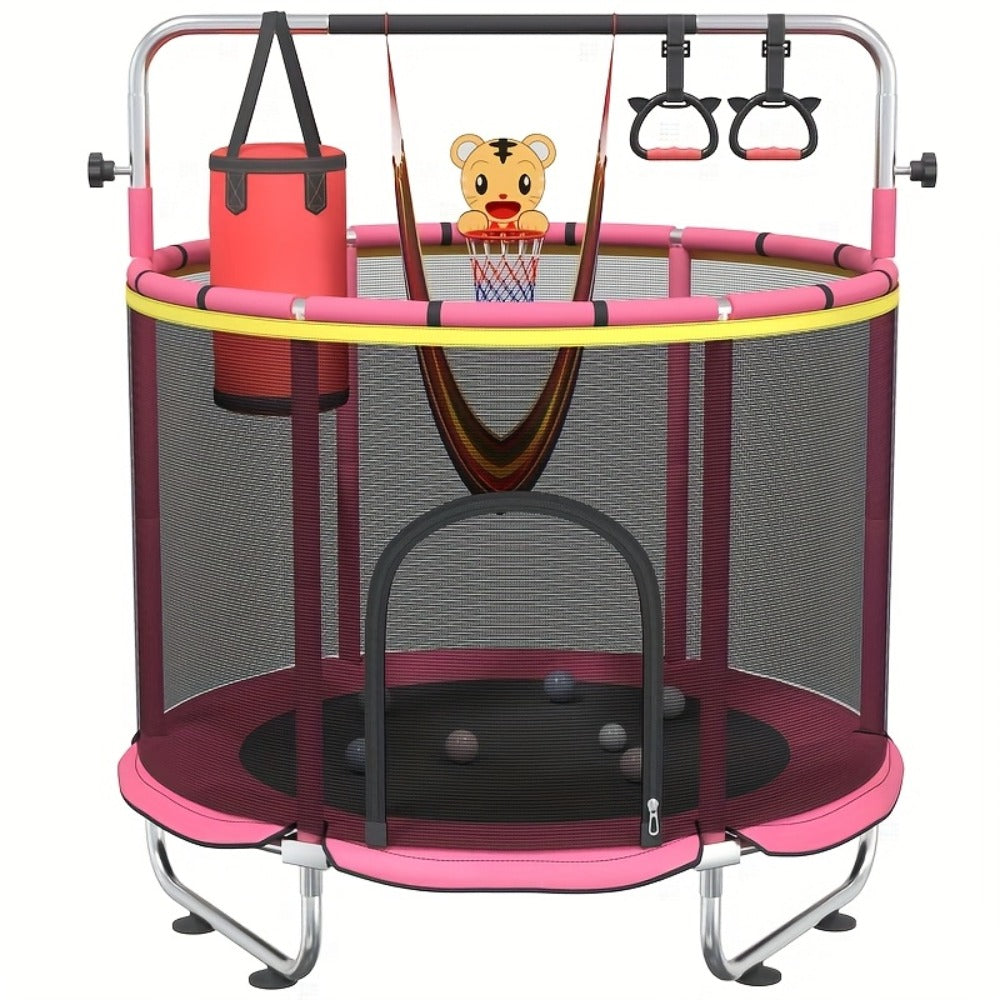 60 Inch Trampoline with Enclosure and Gymnastics Bar, Height Adjustable Indoor Outdoor Round Trampoline with Toys for Kids