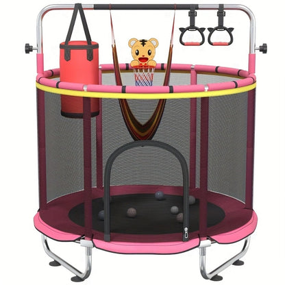 60 Inch Trampoline with Enclosure and Gymnastics Bar, Height Adjustable Indoor Outdoor Round Trampoline with Toys for Kids