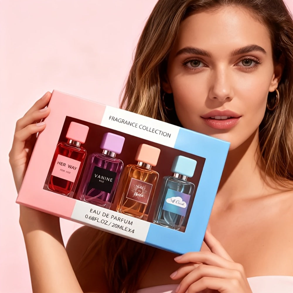 Perfume Gift Set Aroma Allure Four 20ml Eau de Parfum Sprays in Pink Blue Windowed Box for Women