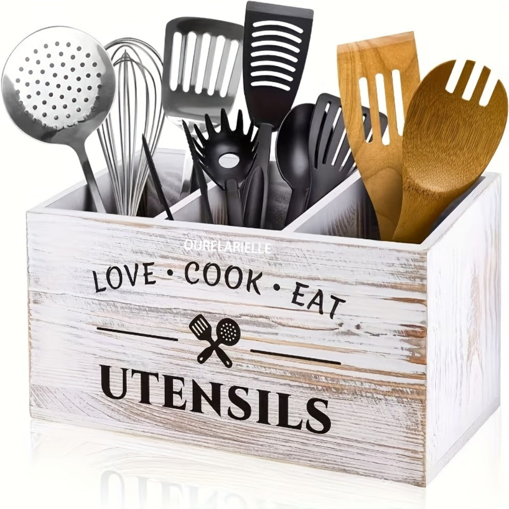 Wooden Cutlery Storage Box with Grid Compartments Chopstick Organizer Rack with Metal for Home Cooking, Dining and Outdoor Meals