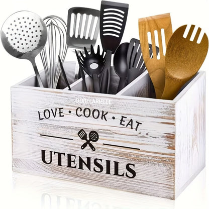 Wooden Cutlery Storage Box with Grid Compartments Chopstick Organizer Rack with Metal for Home Cooking, Dining and Outdoor Meals