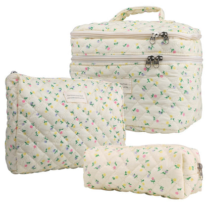 Quilted Floral Makeup Bag Set 3PCS Large Capacity Dual Layer Cotton Cosmetic Bags Coquette Aesthetic Travel Toiletry Organizer Gift