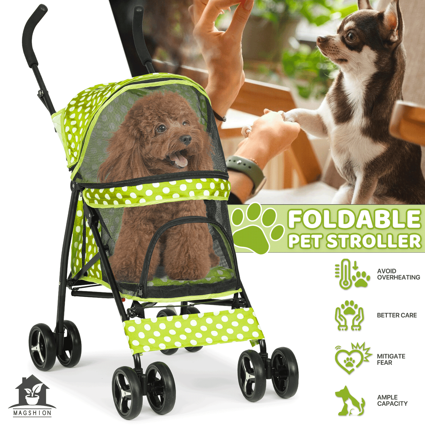 Pet Dog Cat Stroller with 4 Wheels – Foldable Jogger Pet Stroller for Small Medium Dogs & Cats up to 33 lbs, Breathable Mesh Windows