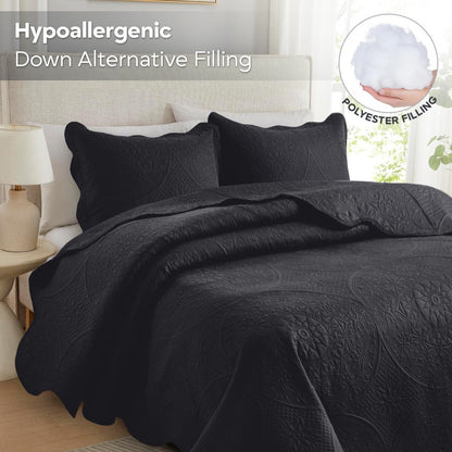 Floral-Pattern Three-Piece Bedspread Set in 16 Colors with Twin, Queen, King and California King Sizes