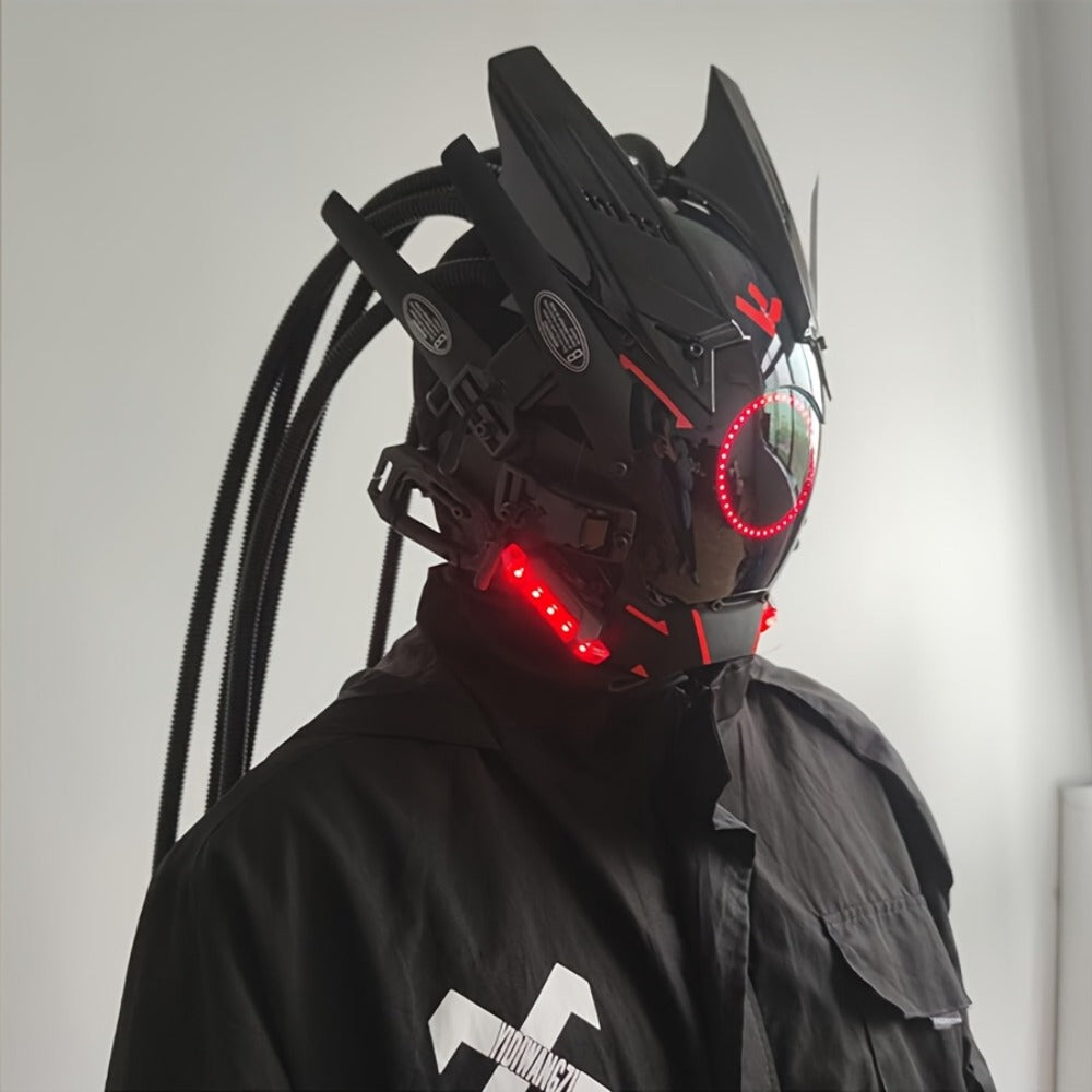LED Cyberpunk Samurai Mask with Braids, Futuristic Sci-Fi Mechanical Face Mask for Halloween, Cosplay