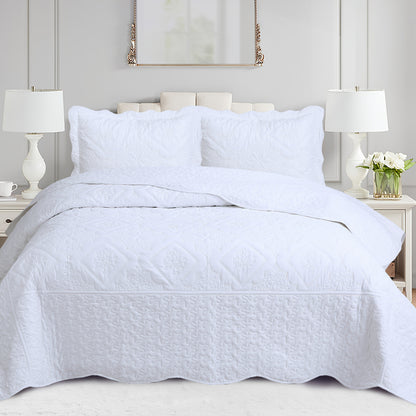Quilt Set 3 Piece Floral Embroidery Bedspread – 100% Polyester Wrinkle Resistant Lightweight Quilted Coverlet with 2 Pillow Shams for Full
