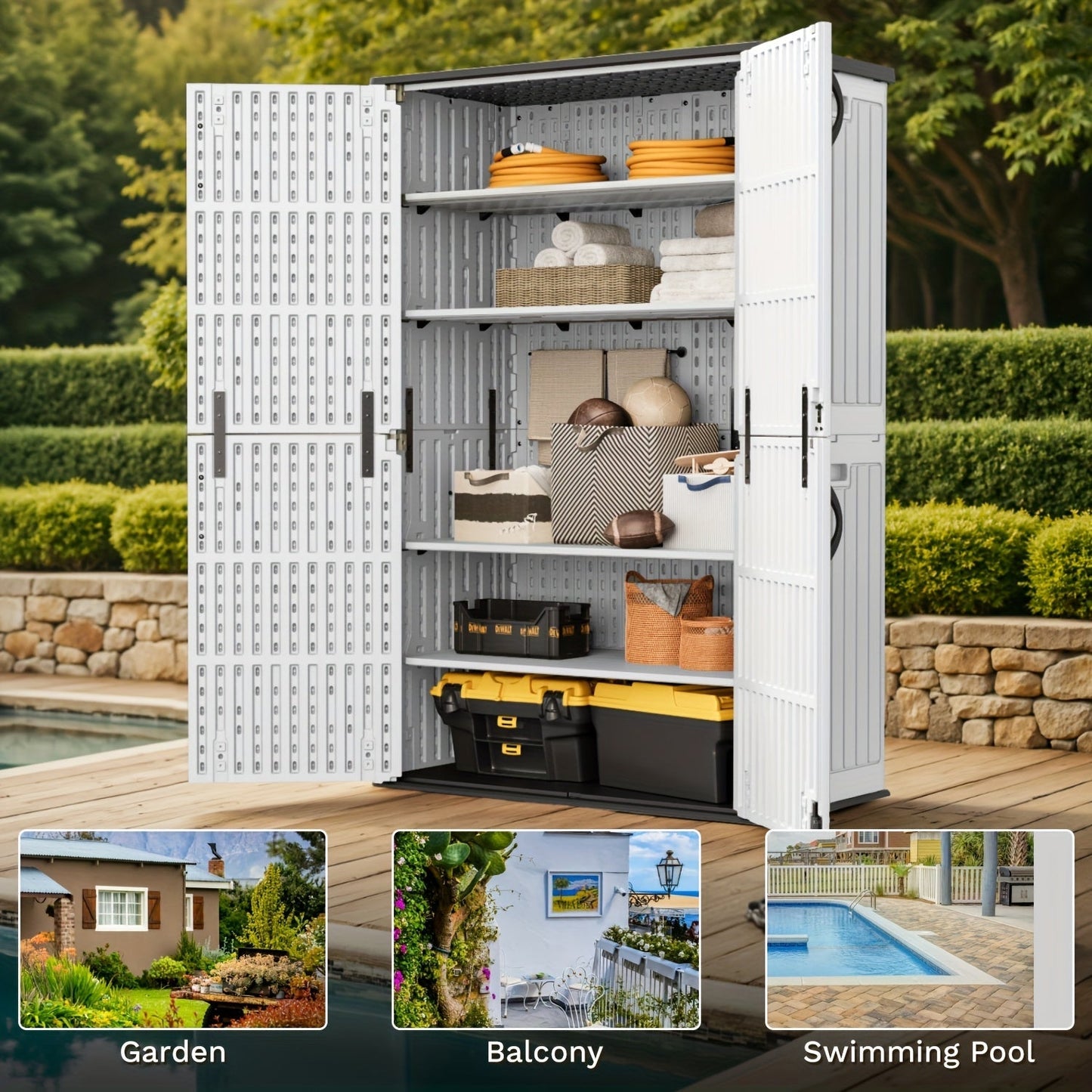 Resin Deck Box Lockable Outdoor Storage, for Garden, Patio and Yard Use, with the Listed Configuration