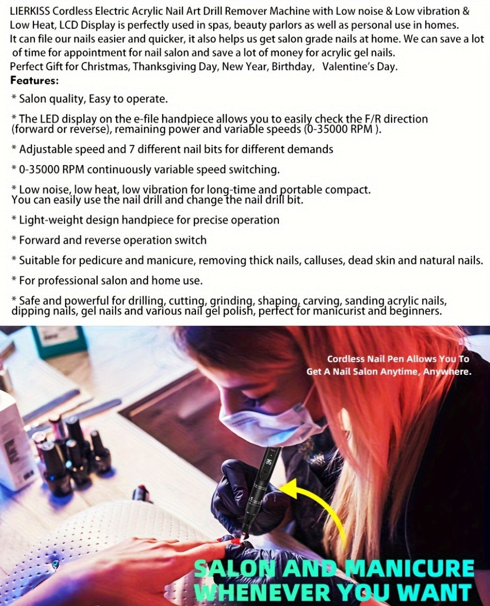Electric Nail Drill 35000 RPM Rechargeable Pen with Digital Display, Forward Reverse and Three Colors