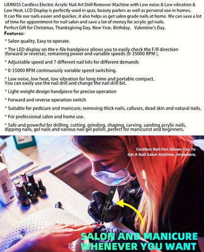 Electric Nail Drill 35000 RPM Rechargeable Pen with Digital Display, Forward Reverse and Three Colors